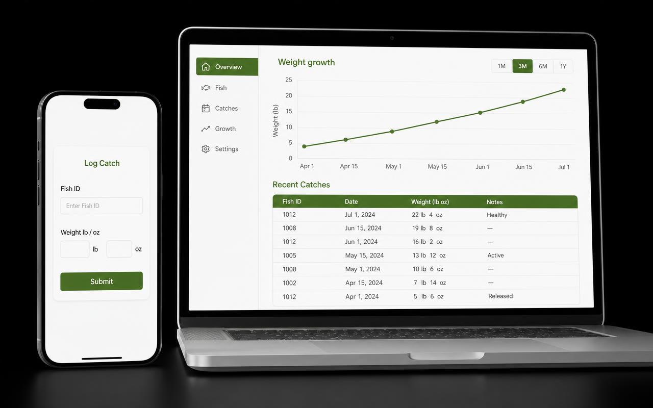 CarpChip angler QR catch form on a phone next to the lake owner's weight growth dashboard on a laptop